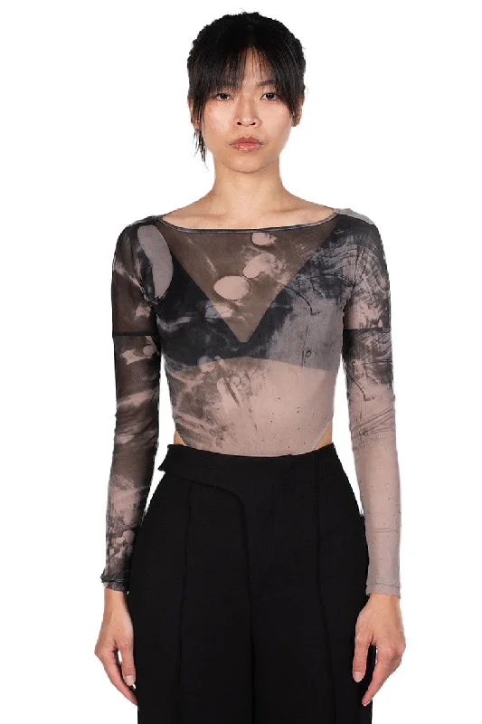 Grey Printed Mesh Bodysuit Comfortable Seamless Bodysuit