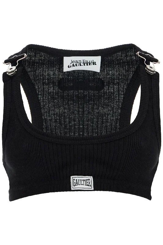 Black Cotton Crop Tank Top With Clip For Overalls  - Black cropped tank top
