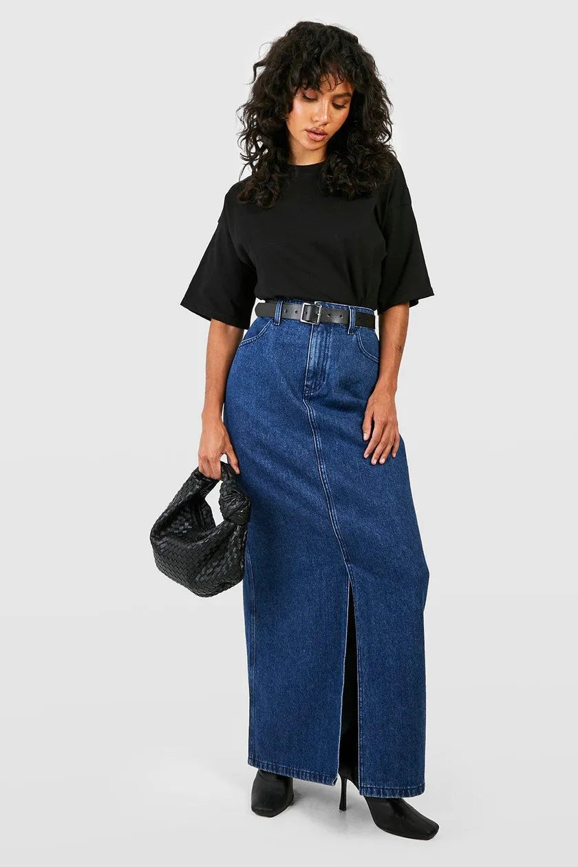 Indigo Wash Denim Maxi Skirt velvet skirt glossy