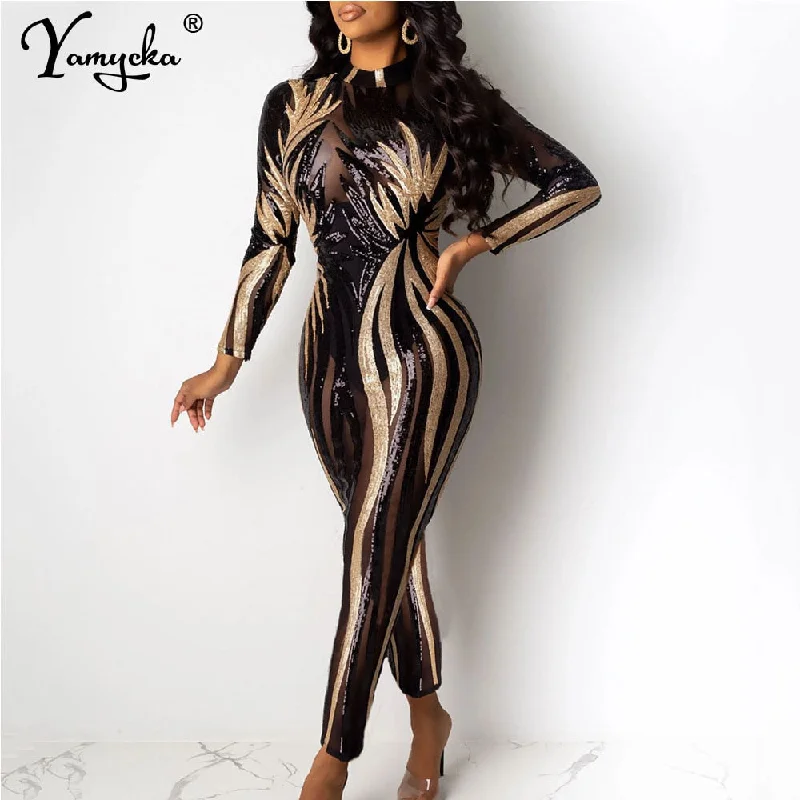 Sexy see through black Sequin bodycon jumpsuit women summer birthday party club outfits jumpsuits Long sleeve bodysuit overalls Elegant Bodysuit with Mesh Panels