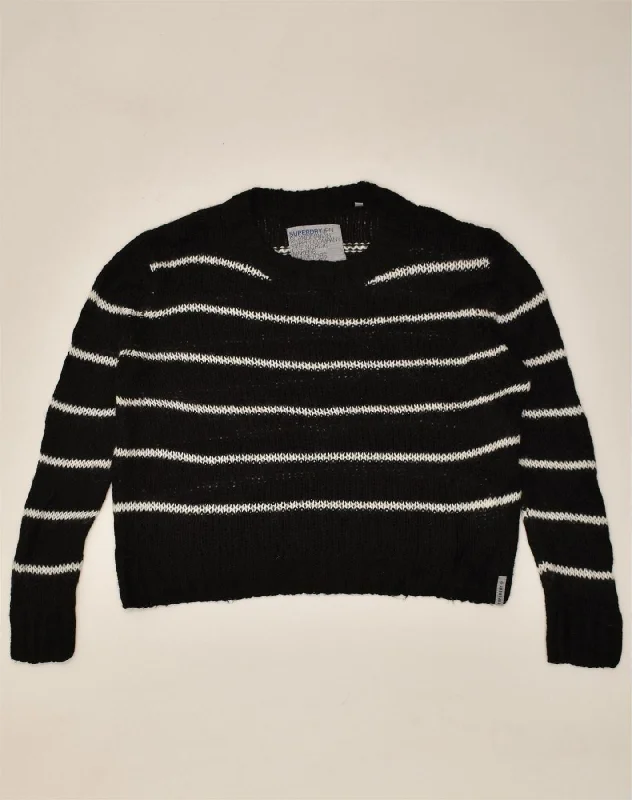 SUPERDRY Womens Crop Crew Neck Jumper Sweater UK 14 Medium Black Striped Collared Crew Neck Turtle Neck