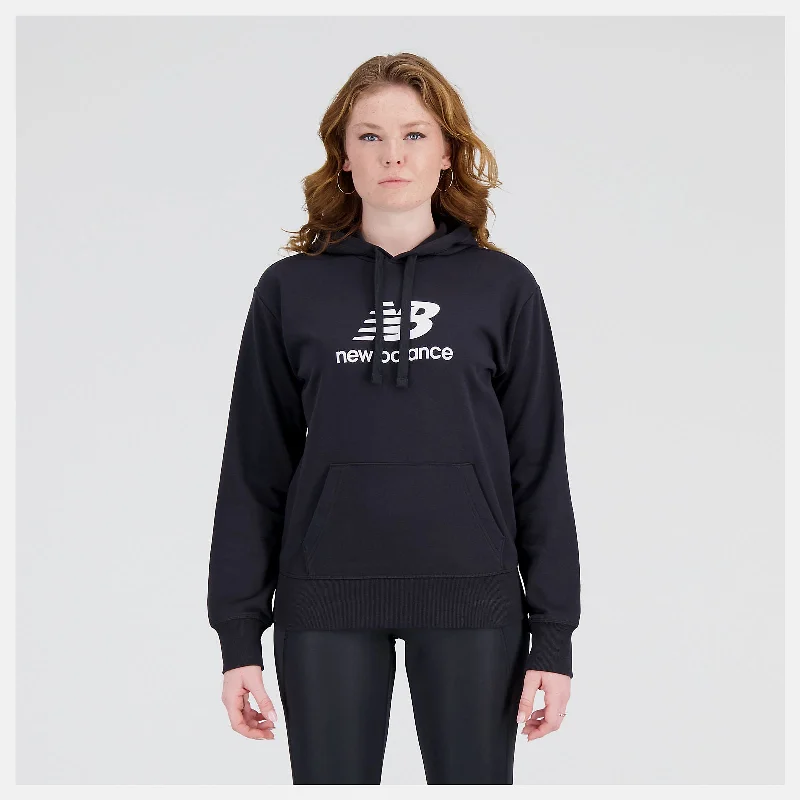 New Balance Essential Stacked Logo French Terry Hoodie - Womens - Black Hoodie with Slit Hem Functional Movement
