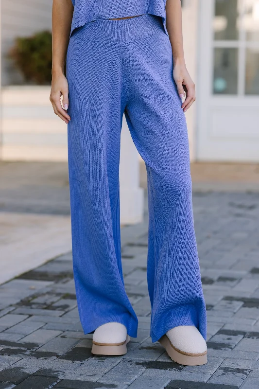 Safe Travels Blue Ribbed Knit Wide Leg Pants Comfortable Denim Pants