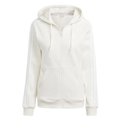 ADIDAS ESSENTIALS 3-STRIPES FULL-ZIP FLEECE HOODIE - OFF WHITE Hoodie with Cropped Fit Short Trendy