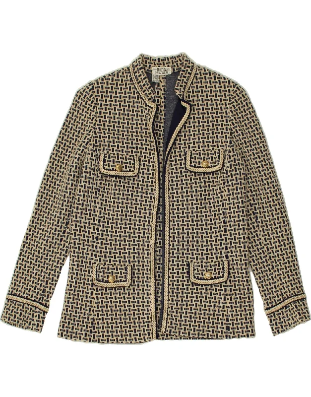 VINTAGE Womens Open Blazer Jacket UK 12 Medium Beige Geometric Virgin Wool Mesh Jacket Canvas Jacket Denim Jacket
