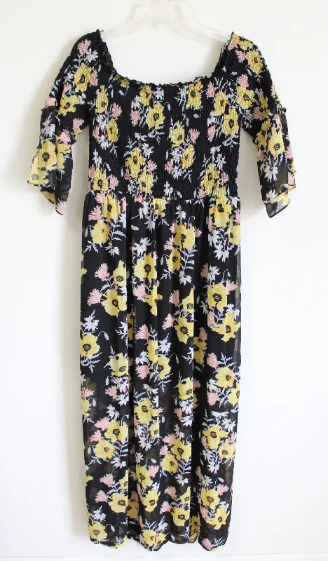 Divided Black Yellow Floral Smocked Dress | 14 Tunics Leisure comfortable