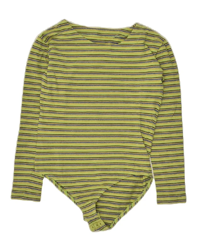 VINTAGE Womens Long Sleeve Bodysuit UK 12 Medium Green Striped Cotton Comfortable Bodysuit with Underwire