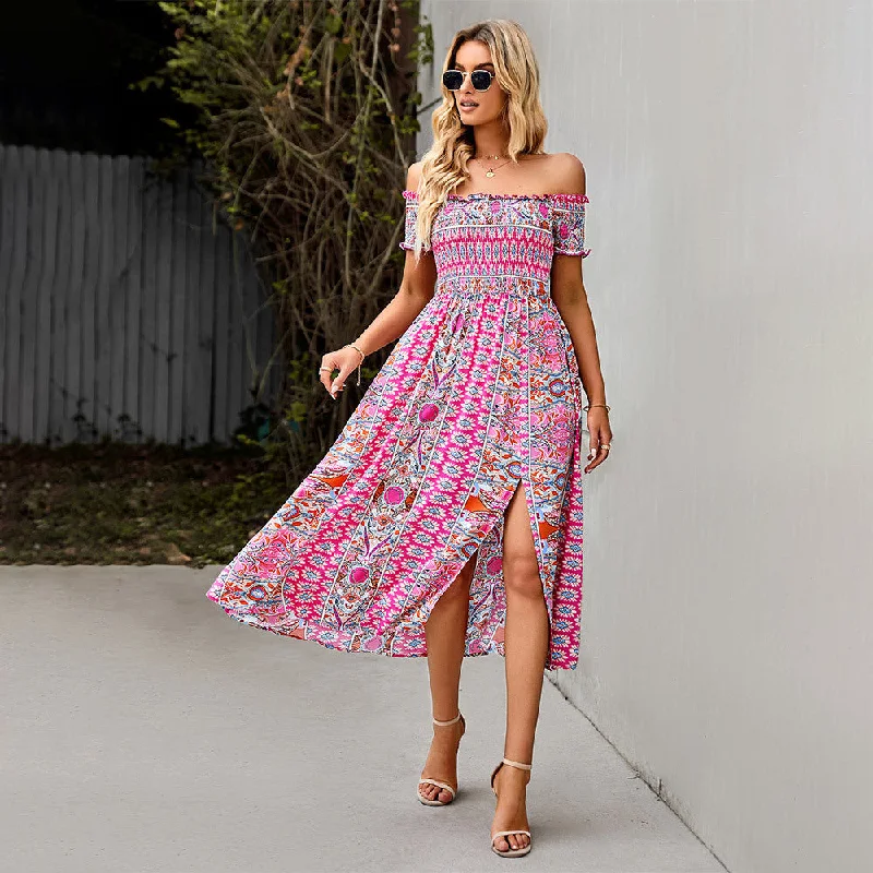 Women's Boho Floral Print Off Shoulder Split Long A Line Beach Dress Tunics Velvet soft