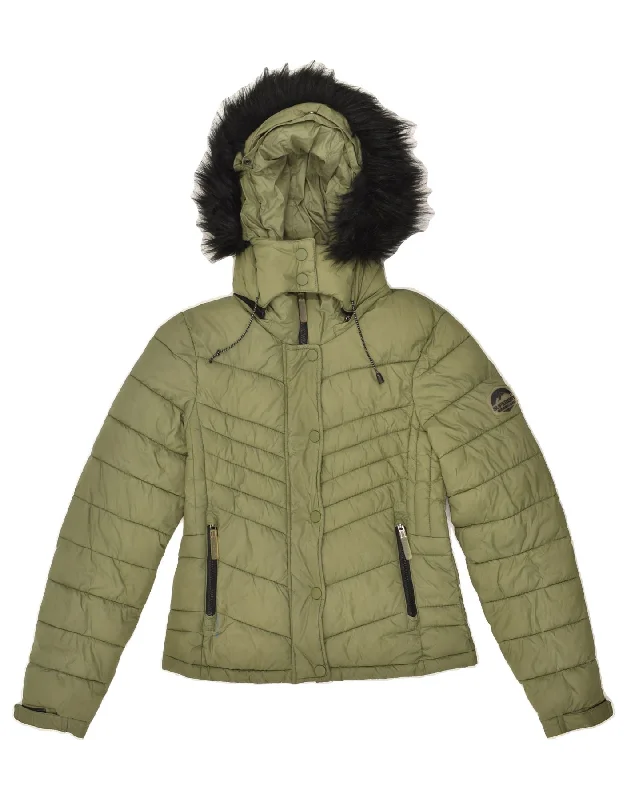 SUPERDRY Womens Hooded Padded Jacket UK 8 Small Green Polyester Hooded Jacket Caped Jacket Shawl Collar Jacket