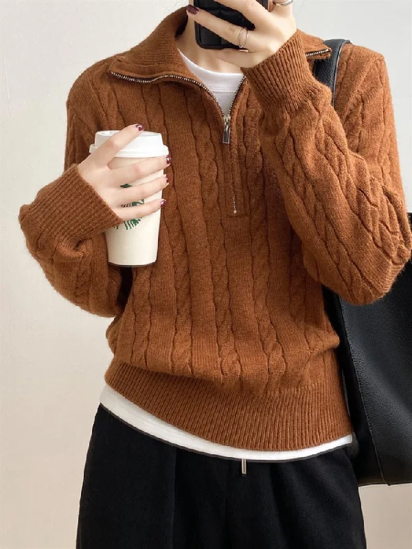 Cable-Knit Half Zip Long Sleeve Sweater Beaded Sweater Sequined Faux Fur