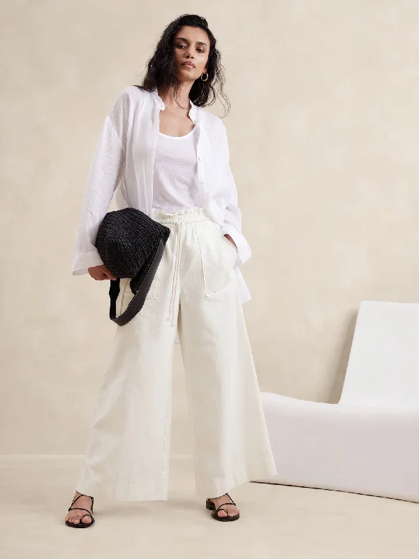 Hemp-Cotton Wide-Leg Paperbag Pant Trendy High-Waist Trousers