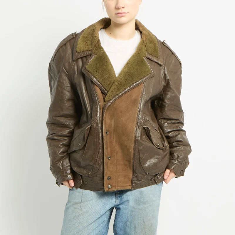 Leather Aviator Jacket With Suede And Fur Detailing - XL Wool Fabric Cashmere Fabric Tweed Fabric