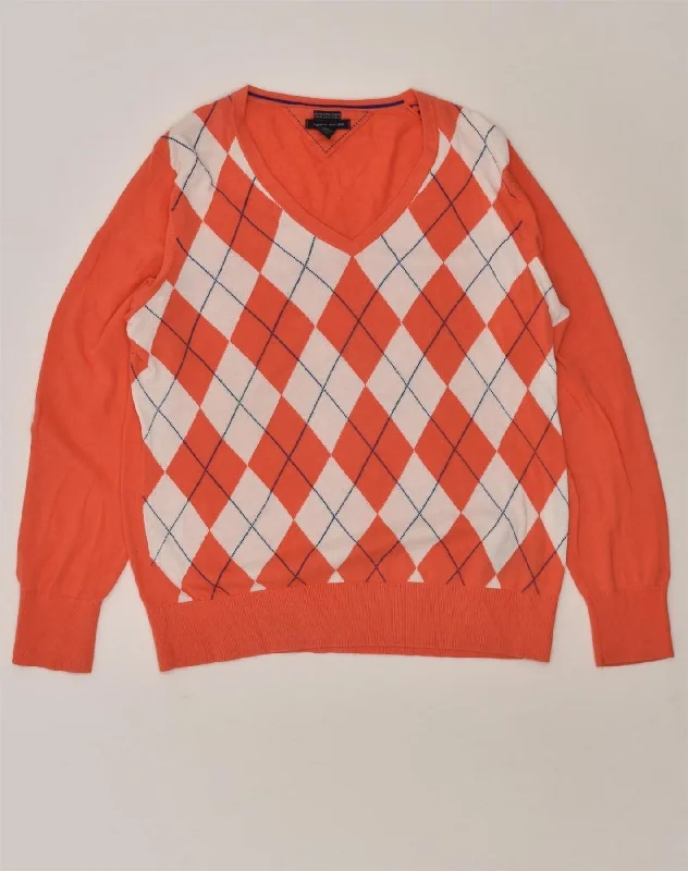 TOMMY HILFIGER Womens V-Neck Jumper Sweater UK 18 XL Orange Argyle/Diamond Mesh Fabric Canvas Fabric Denim Fabric