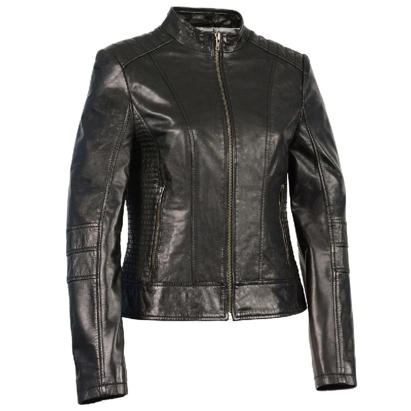 Women's Black Leather Saddle Zip Jacket w/ Stand Up Collar Herringbone Jacket Checkered Jacket Solid Jacket