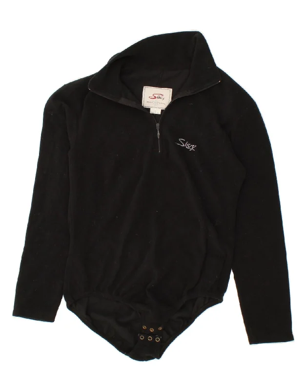 SILVY Womens Fleece Long Sleeve Bodysuit UK 14 Large Black Polyester Elegant Bodysuit with Belt