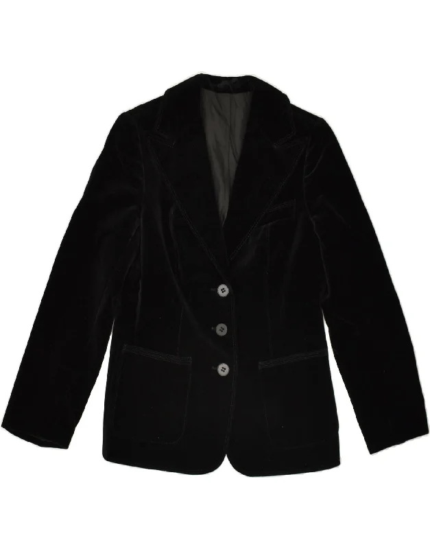 VINTAGE Womens 3 Button Blazer Jacket EU 40 Medium Black Cotton Denim Fabric Leather Fabric Suede Fabric