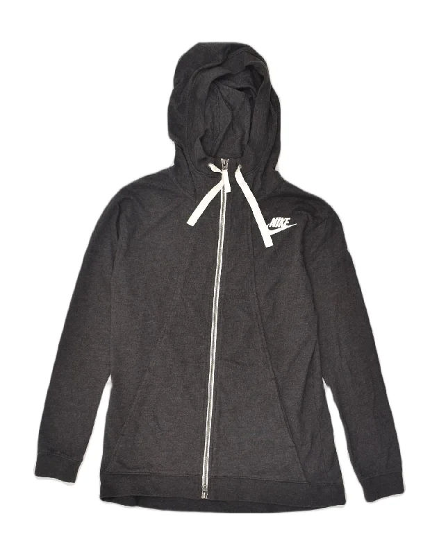 NIKE Womens Oversized Zip Hoodie Sweater UK 10 Small Grey Polyester Striped Floral Plaid