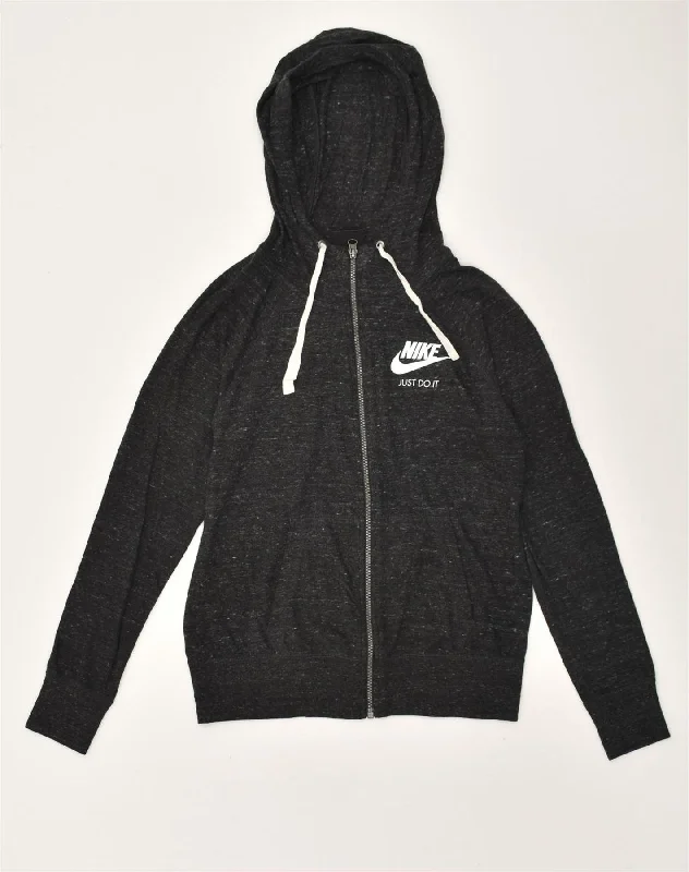 NIKE Womens Zip Hoodie Sweater UK 14 Medium Grey Flecked Cotton Plaid Sweater Polka Dot Checkered