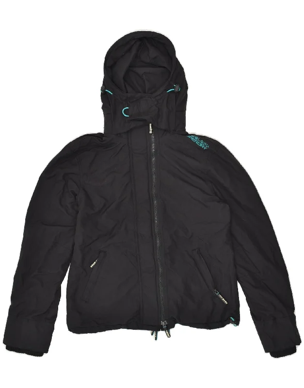 SUPERDRY Womens Hooded Windbreaker Jacket UK 16 Large Black Nylon Jersey Jacket Tulle Jacket Batik Jacket