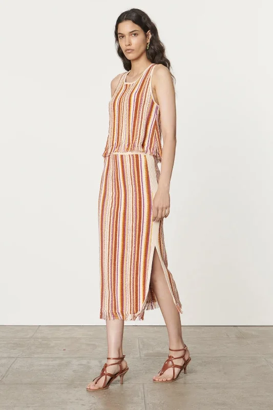 Cypres Fringed Terracotta Stripe Midi-Skirt wool skirt thick