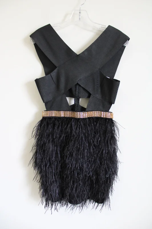 Llolas Black Feathered Bandage Fitted Dress | M Tunics Prom sequined