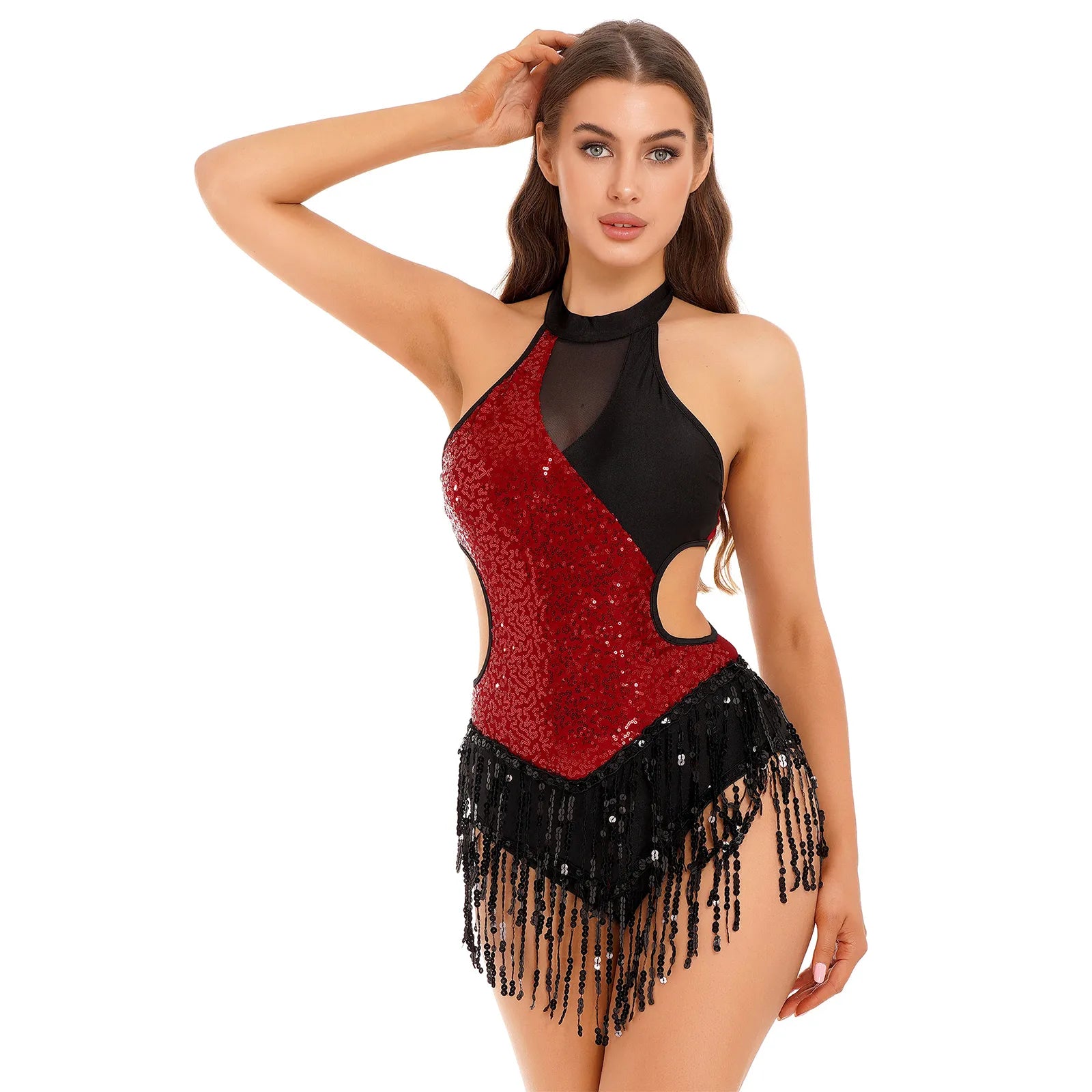 Womens Latin Dance Dress Sequins Fringed Bodysuit Ballroom Competition Tango Cha Cha Rumba Leotard Dresses Performance Costumes Trendy Scoop Back Bodysuit