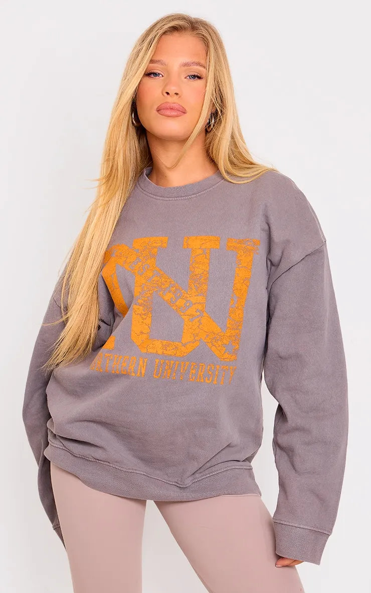 Charcoal Northern University Washed Sweatshirt Hoodie with Longline Fit Extended Stylish