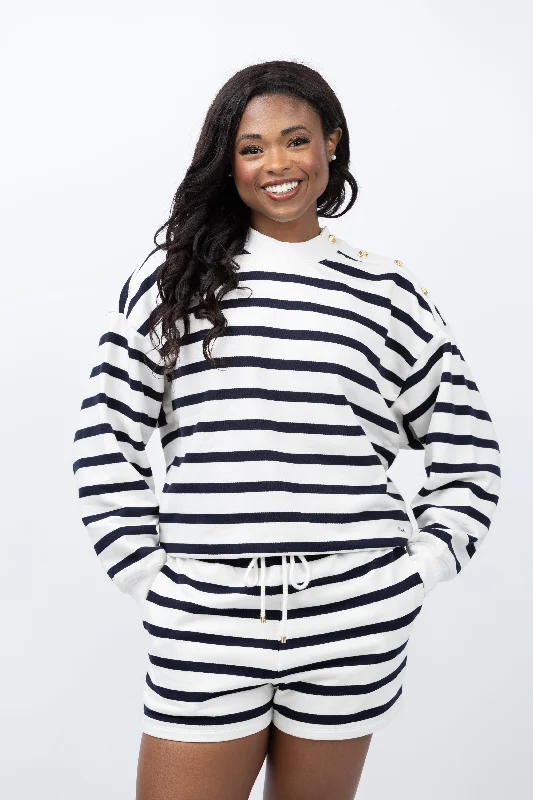FRAME Button Detail Sweatshirt in Navy Multi Hoodie with Distressed Vintage Worn