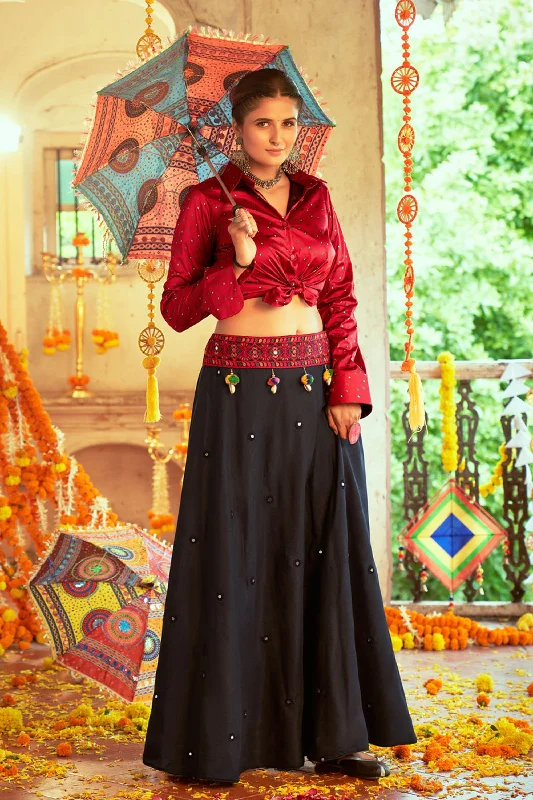 Appealing Cotton Fabric Navratri Special Top Skirt Set In Black Color chiffon skirt flowing