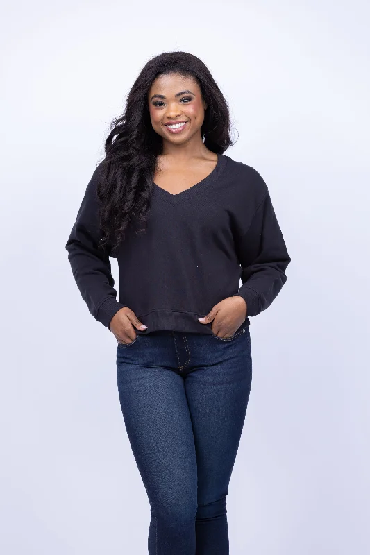 NATION LTD Wyatt Oversized V-Neck Sweatshirt in Jet Black Hoodie with Hem Elastic Stretchable Comfortable
