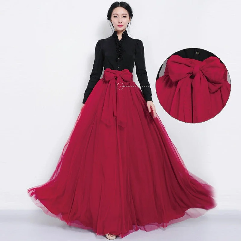Pleated mesh swing maxi skirts women bandage designer Red high waist tutu long tulle skirt leather skirt sleek