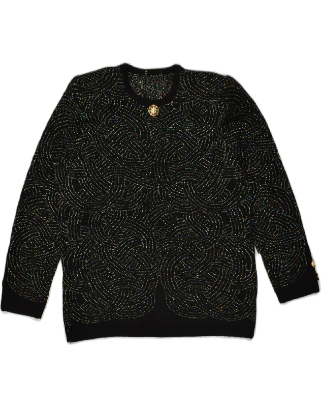 VINTAGE Womens Crazy Pattern Crew Neck Jumper Sweater UK 18 XL Black Faux Fur Fabric Real Fur Fabric Shearling Fabric
