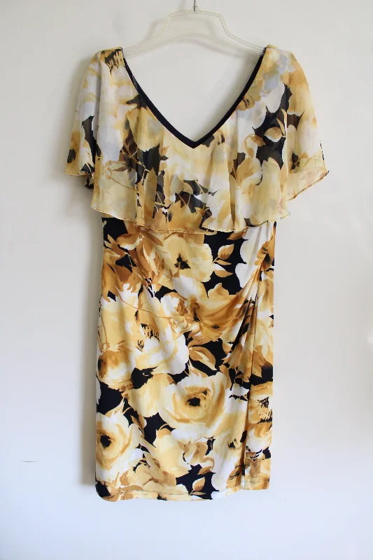Connected Yellow Black Floral Dress | L/XL Crew Neckline Casual