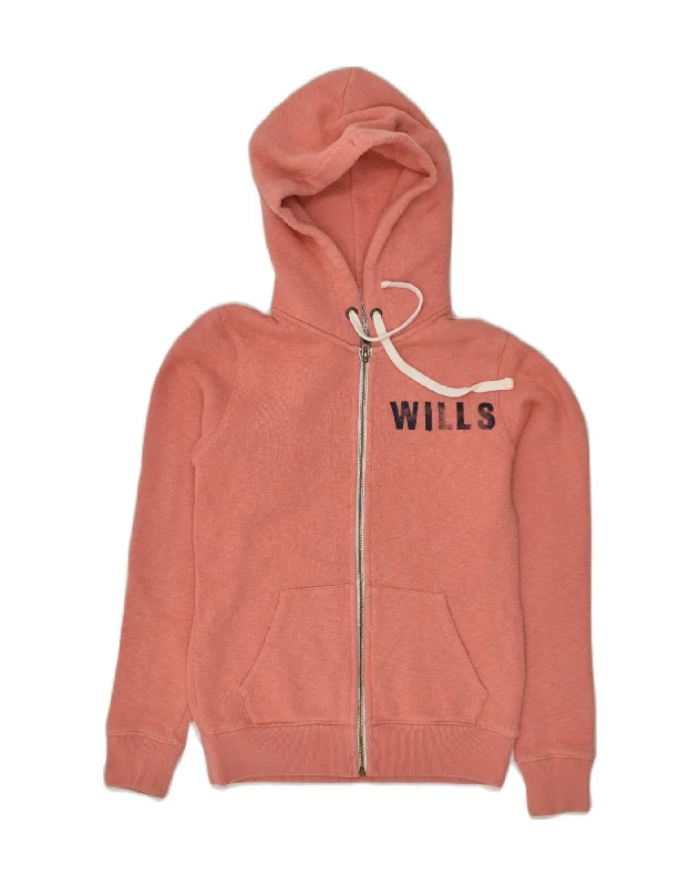 JACK WILLS Womens Graphic Zip Hoodie Sweater UK 8 Small  Pink Cotton Denim Fabric Leather Fabric Suede Fabric