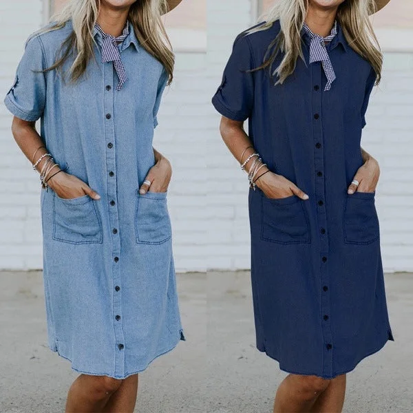 Women's Solid Color Denim Pocket Dress Tunics Running lightweight