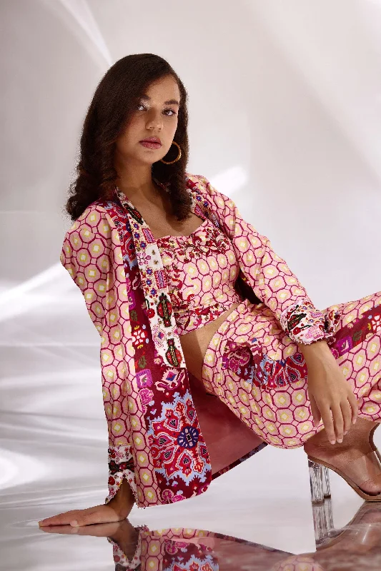 Blush Pink Mix Print Hand Embroidered Bustier, Blazer & Pants In Handloom Organic Cotton And Banana Silk Soft Stretch Pants