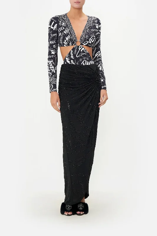 CUT OUT BODYSUIT WITH TRIM SPIRIT SCRIBBLE Comfortable Mesh Insert Bodysuit