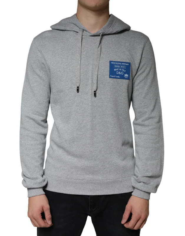 Gray Cotton Logo Hooded Sweatshirt Sweater Notch Collar Peter Pan Collar Cowl Neck
