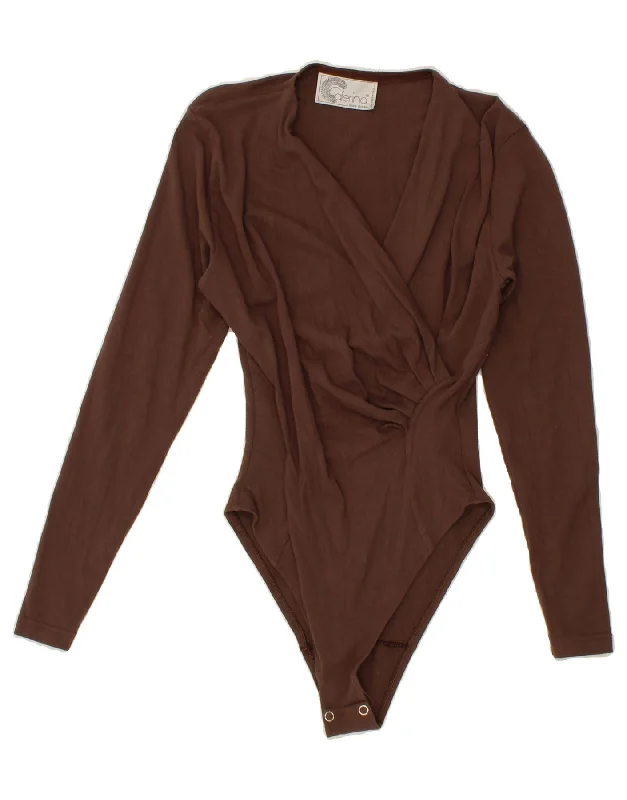 VINTAGE Womens Long Sleeve Bodysuit UK 10 Small Brown Viscose Comfortable Soft Bodysuit