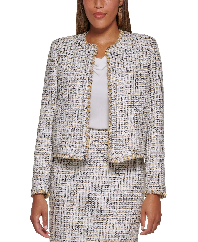 Petite Tweed Open-Front Jacket Boat Neck Shawl Collar Notched Collar