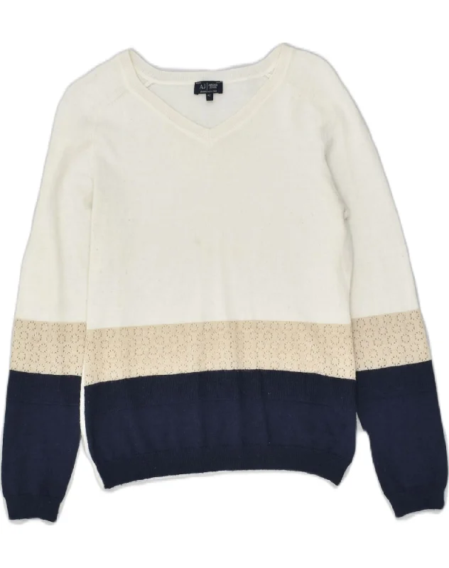 ARMANI Womens V-Neck Jumper Sweater IT 42 Medium White Colourblock Acrylic Print Jacquard Patchwork
