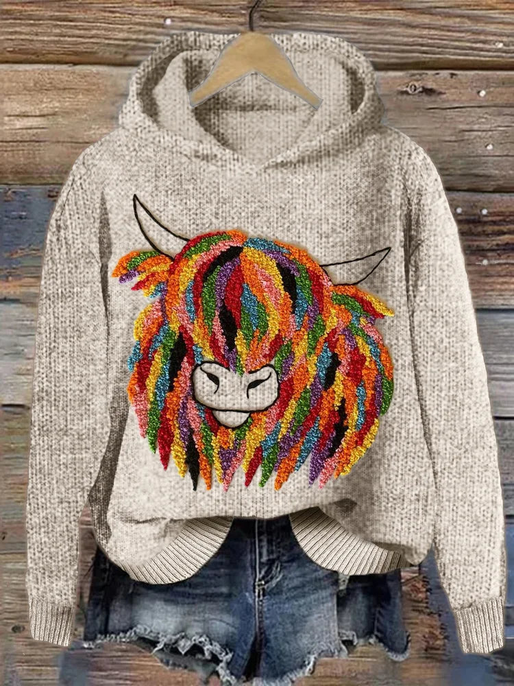 Phoebe® | Colorful cow art Cosy knitted sweater Front Pockets Side Pockets Patch Pockets