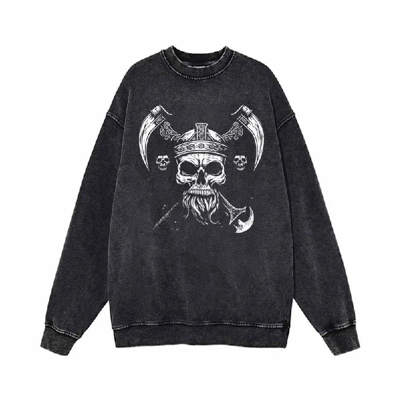 Viking Double Axe Skull Vintage Washed Sweatshirt Hoodie with Puffed Sleeves Voluminous Trendy
