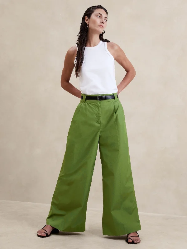 Pleated Wide-Leg Crop Poplin Pant Casual Lounge Pants