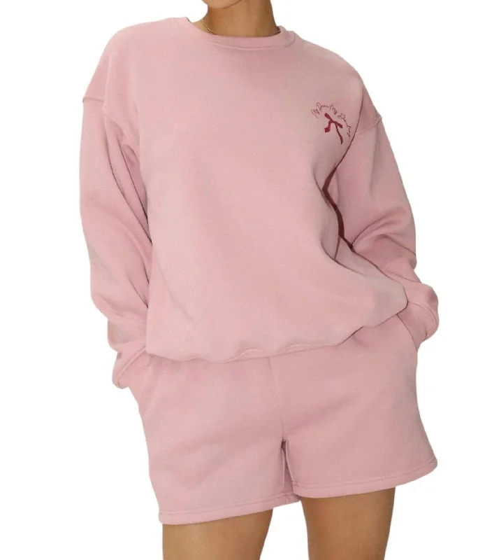 Ribbon Sweatshirt In Pink Hoodie with Hem Embroidery Detailed Premium