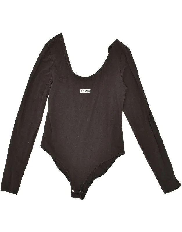 LEVI'S Womens Long Sleeve Bodysuit UK 14 Large Black Cotton Fashionable V-Neck Bodysuit