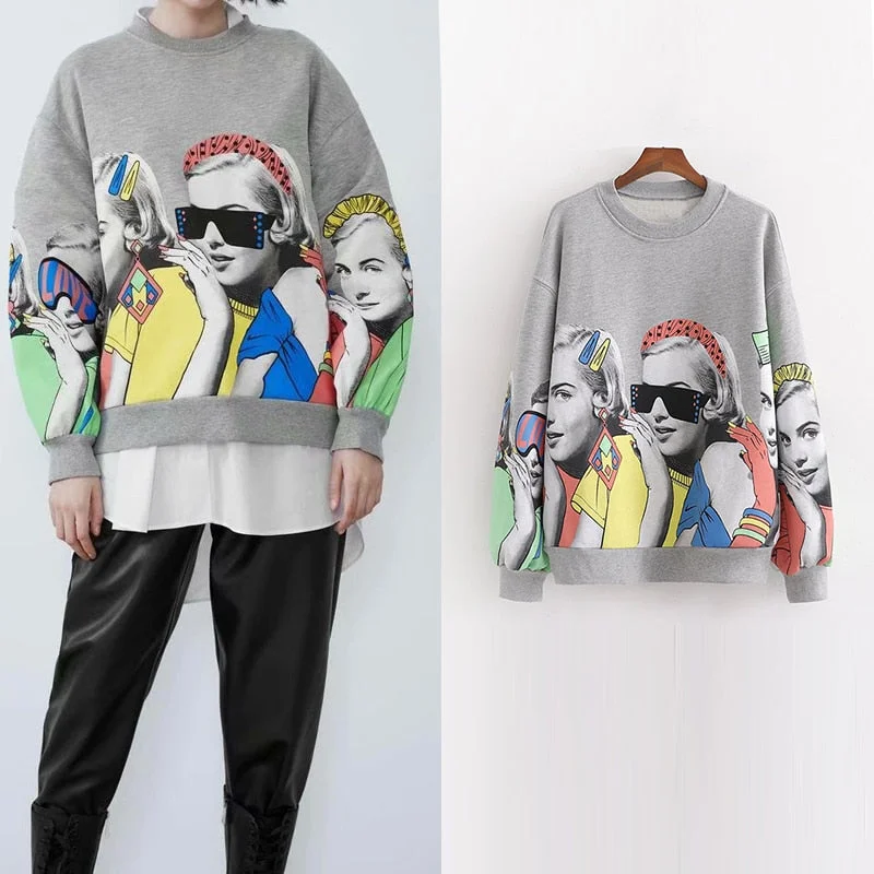 Print Women Sweatshirts Hoodie with Bell Sleeves Flared Feminine