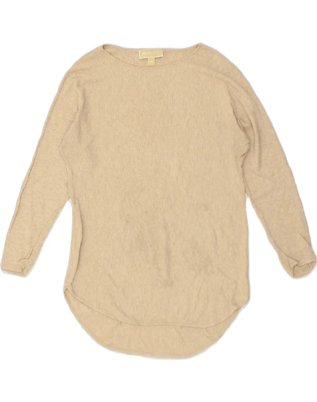 MICHAEL KORS Womens Longline Crew Neck Jumper Sweater UK 14 Medium Beige Seamless Knitted Crochet
