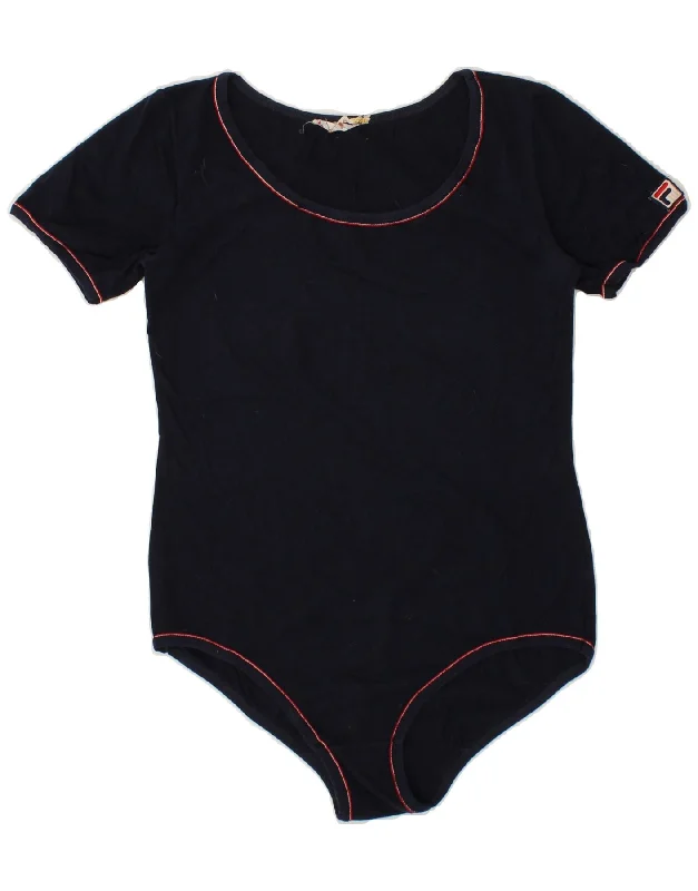 FILA Womens Bodysuit UK 14 Medium Navy Blue Cotton Comfortable Sports Bodysuit