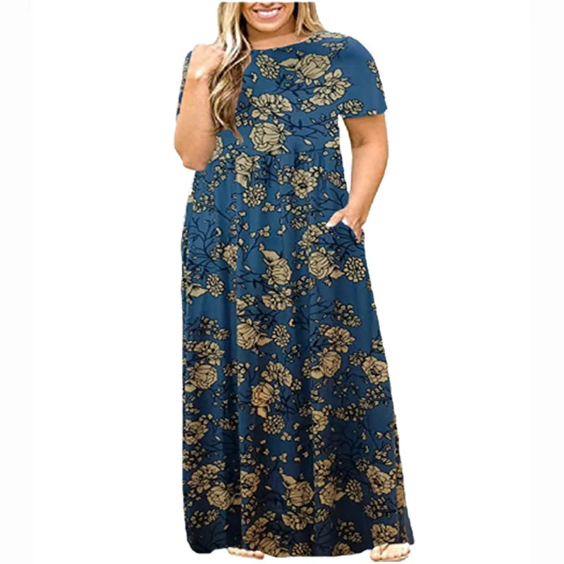 Short Sleeve Round Neck Solid Color Dress Tunics Print Colorful